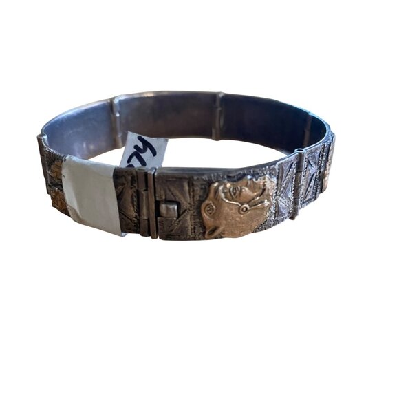 Vintage Mexican Sterling Silver & Gold Accented Panel Bracelet - Picture 6 of 16